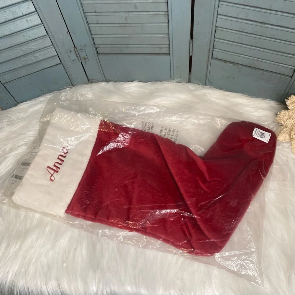 Pottery Barn NWT Red & Ivory Velvet Medium Stocking Embroidered ANNA in Red
